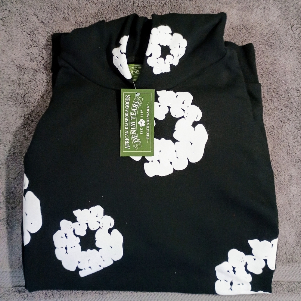 Denim Tears Hoodie Black with White Puff Cotton Flowers.